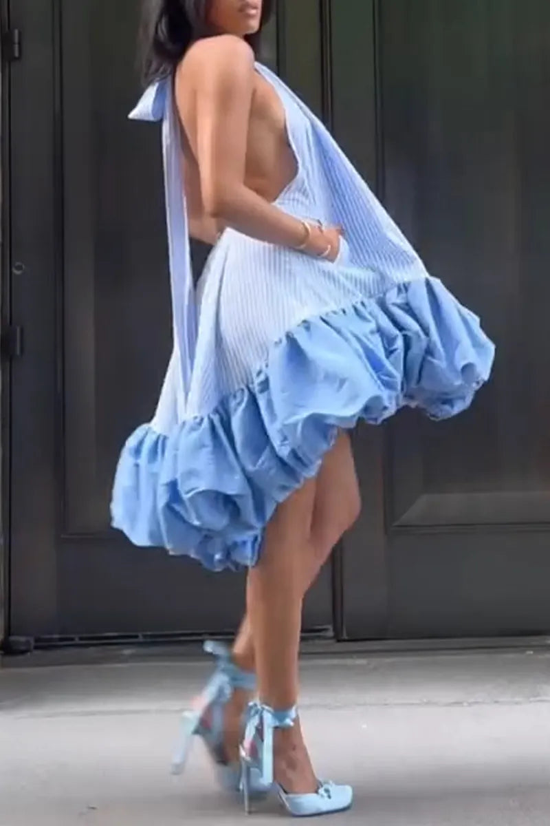 Women's Fashion Balloon Hem Patchwork Backless Striped Dress