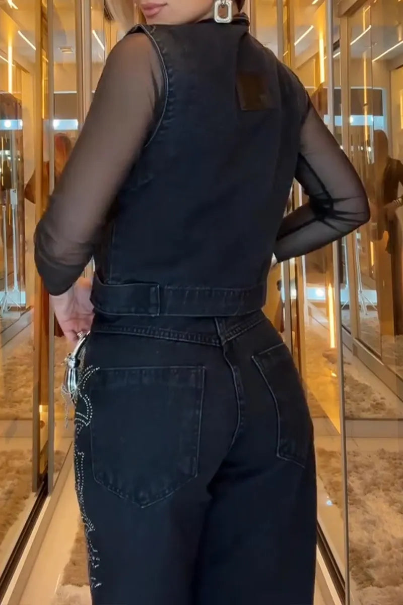 Women's Casual Lapel Denim Vest or Side Rhinestone Jeans