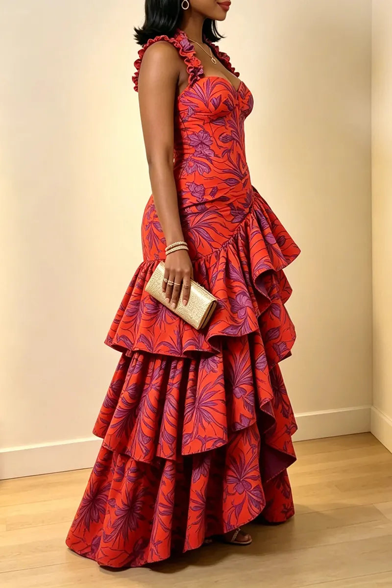 Women's Elegant Tiered Ruffle Patchwork Slit Hem Floral Print Dress