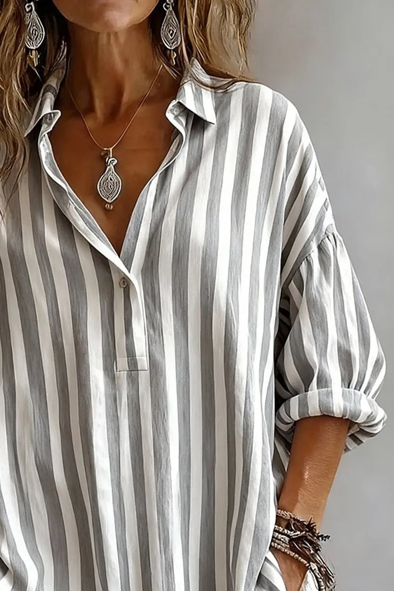 Women's Casual Striped Collared Henley Shirt with Loose Fit & Curved Hem