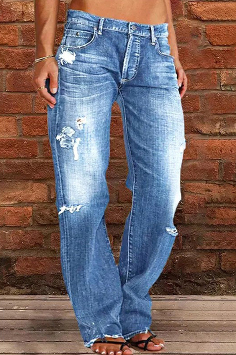 Casual High Rise Raw Trim Hem Ripped Jeans