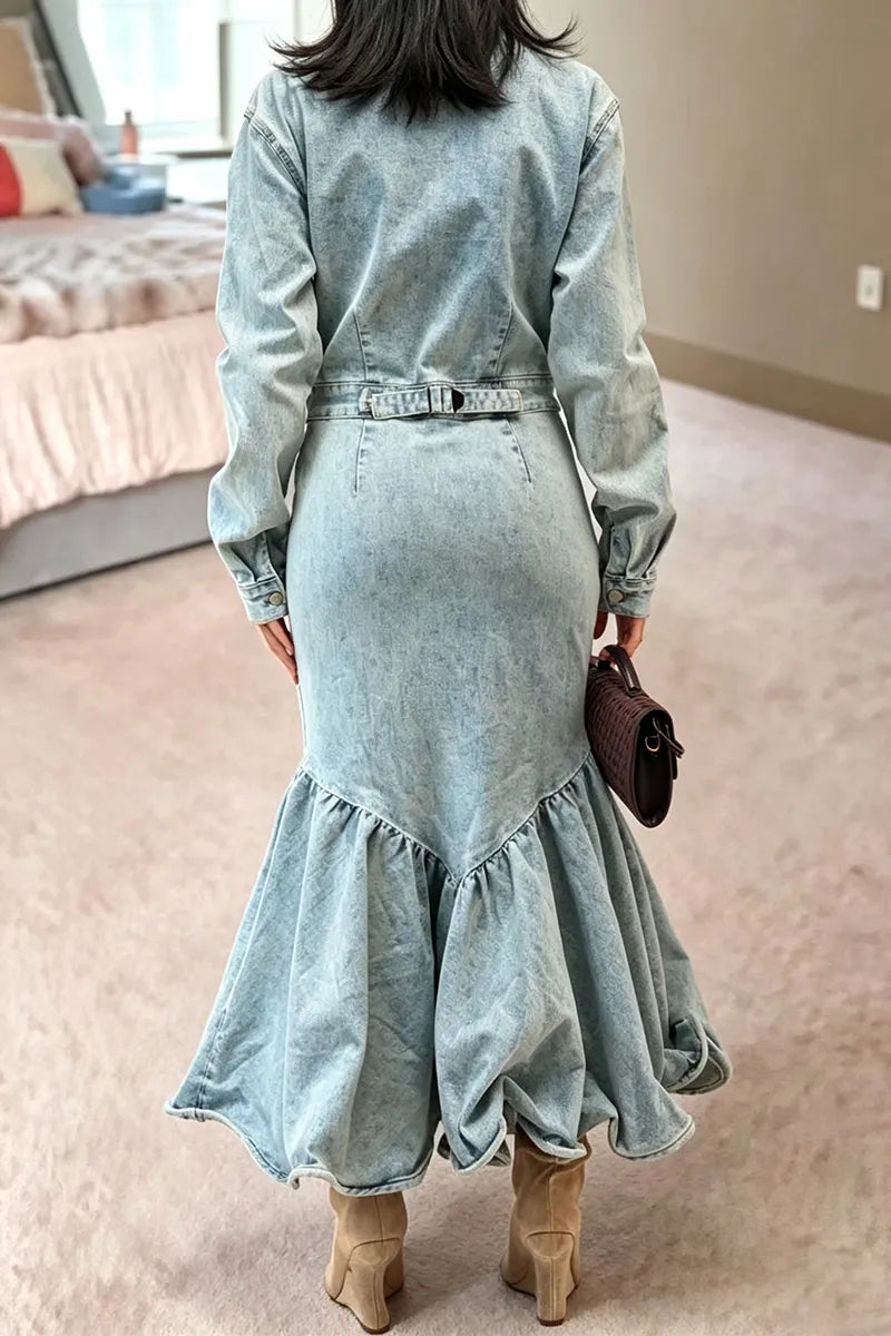 Women's Collar Wash Water Splicing Elegant Casual Denim Maxi Dresses