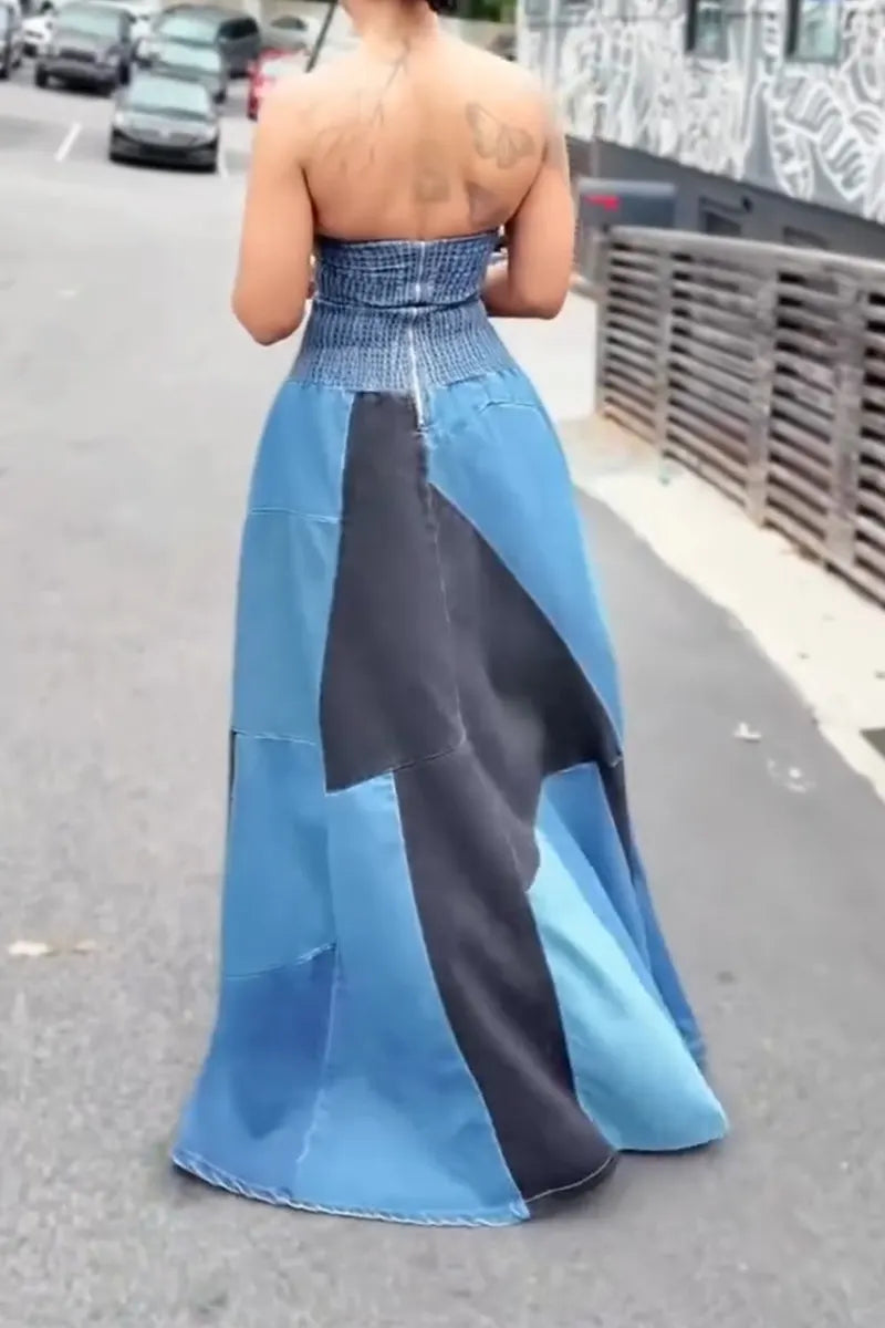 Women Strapless Patchwork Slit Elegant Temperament Denim Dress