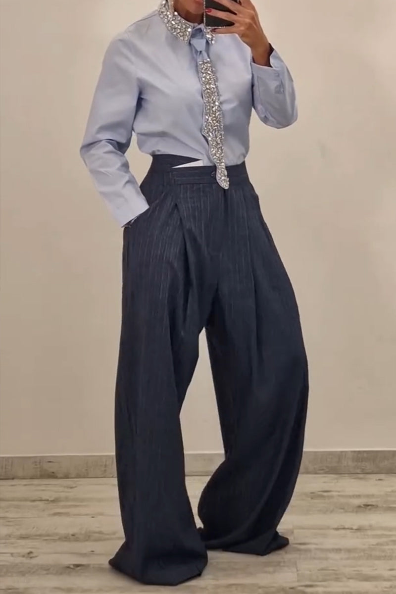 Women's Fashion Rhinestone Neckline Shirt with Belt or Stripe Suit Pants
