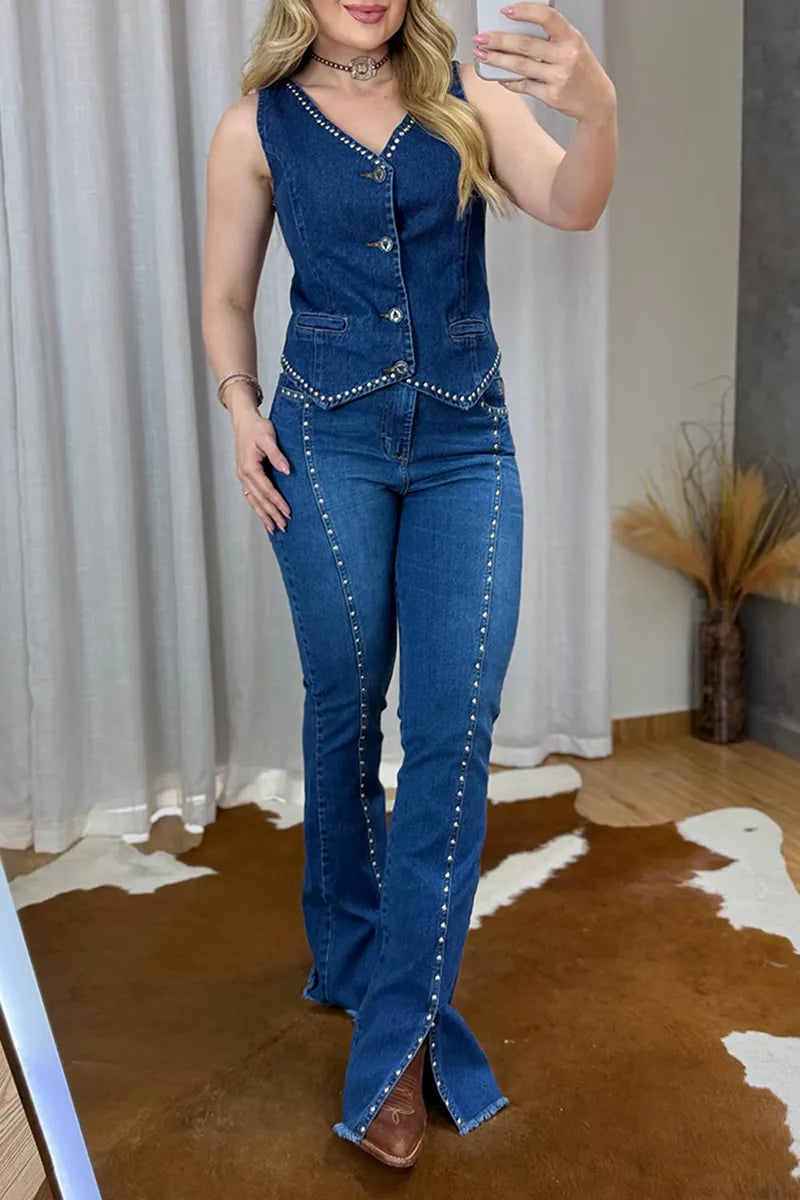Women's Fashion Rivet Decoration Denim Vest or Flare Jeans