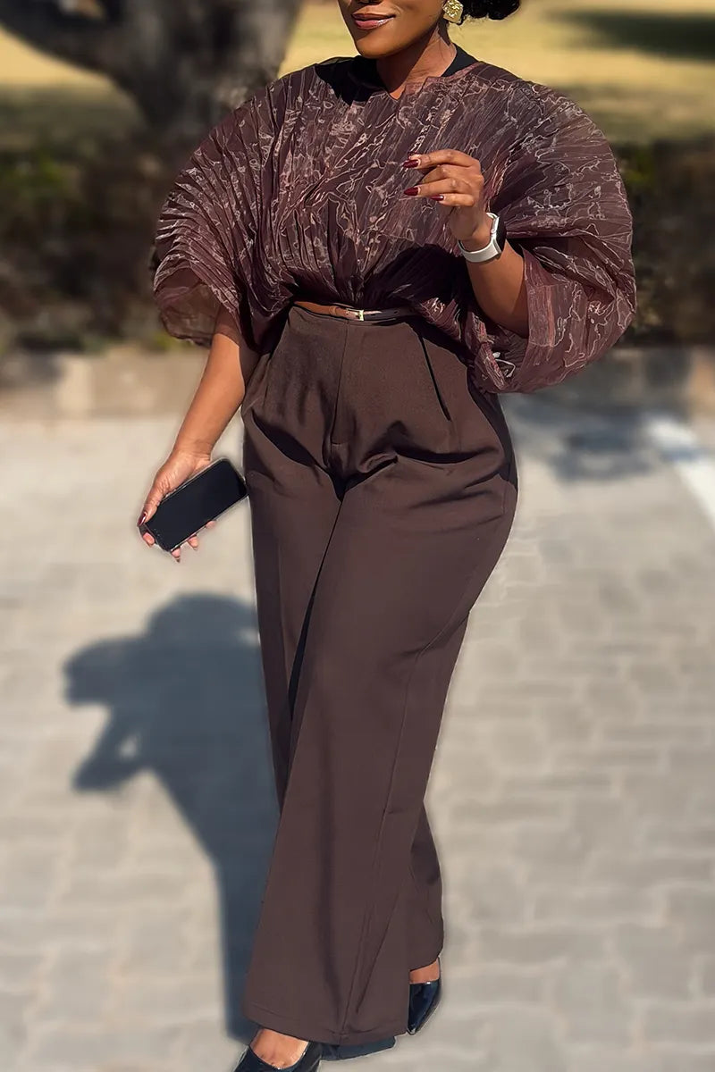 Women's Round Neck Pleated Printed Top or Casual Wide Leg Pants