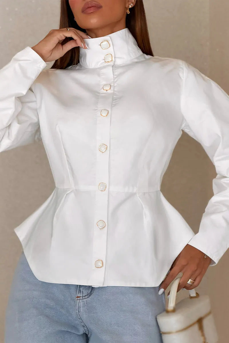 Women's Standing Collar Buckle Waist Cinching Elegant Casual Shirt