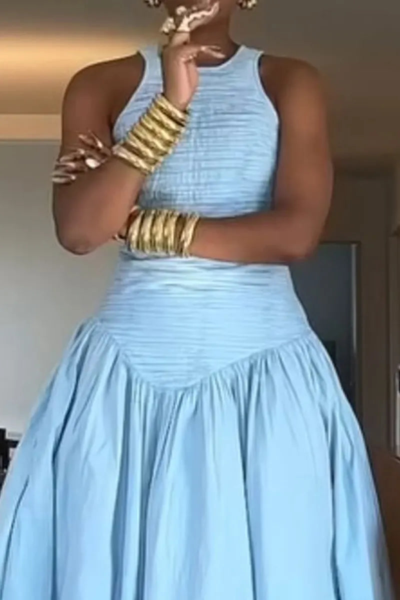 Women's Sleeveless Smocked Waist Two Layer Contrast Tulle Asymmetrical High Low Maxi Flare Skirt Dress