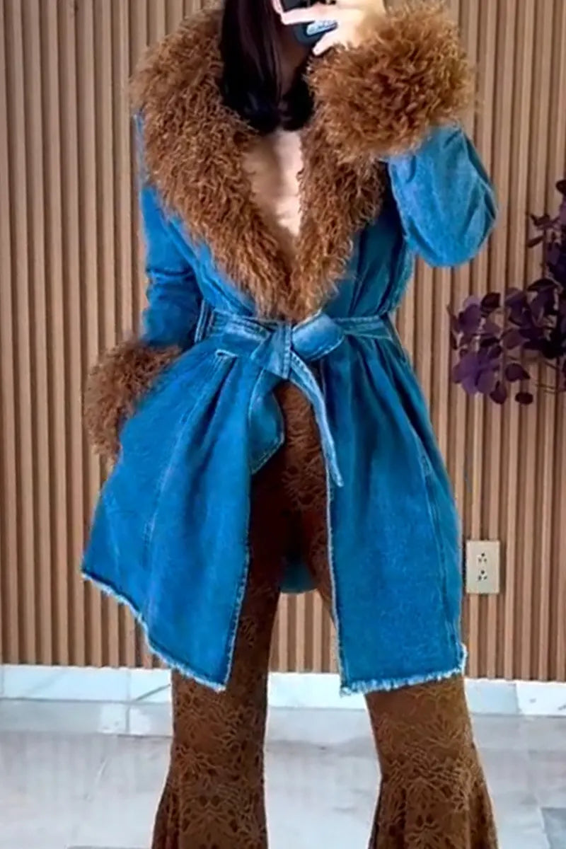 Women's Fur Collar Spliced Denim Jacket or Casual Flared Pants