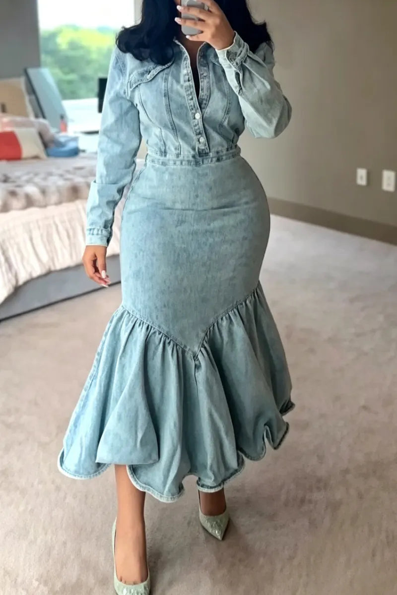 Women's Collar Wash Water Splicing Elegant Casual Denim Maxi Dresses
