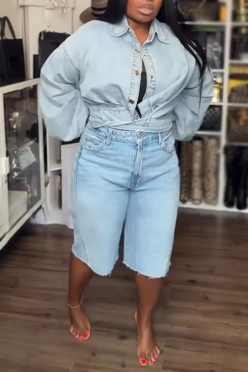 Women's Collar Washed Denim Tie Jacket or Jeans