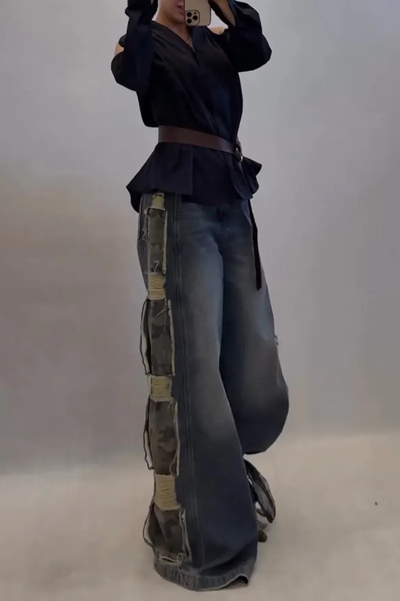 Women's Street Style Side Camo Patchwork Wide Leg Jeans