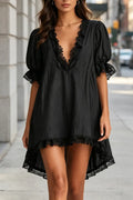 Women's Deep V-neck Patchwork Hollow Pattern Elegant Casual Irregular Dress