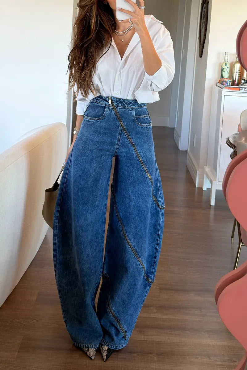 Women's Fashion Zipper Design Barrel Jeans
