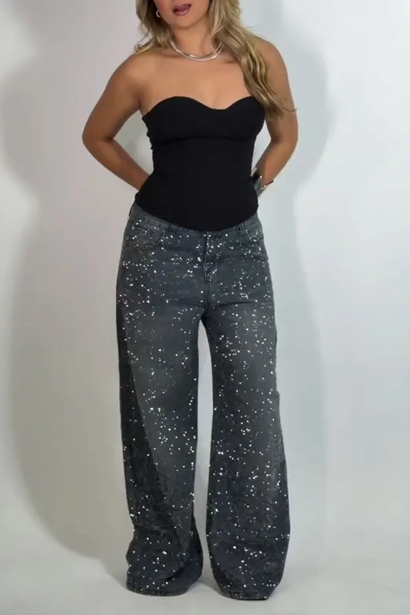Women's Pattern Hot Pressed Diamond Casual Wide Leg Jeans