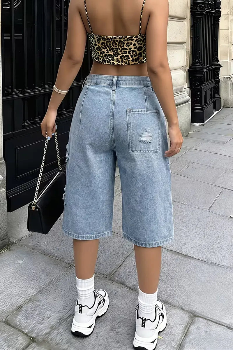 Women's Light Wash Distressed Frayed Knee Length Denim Bermuda Shorts