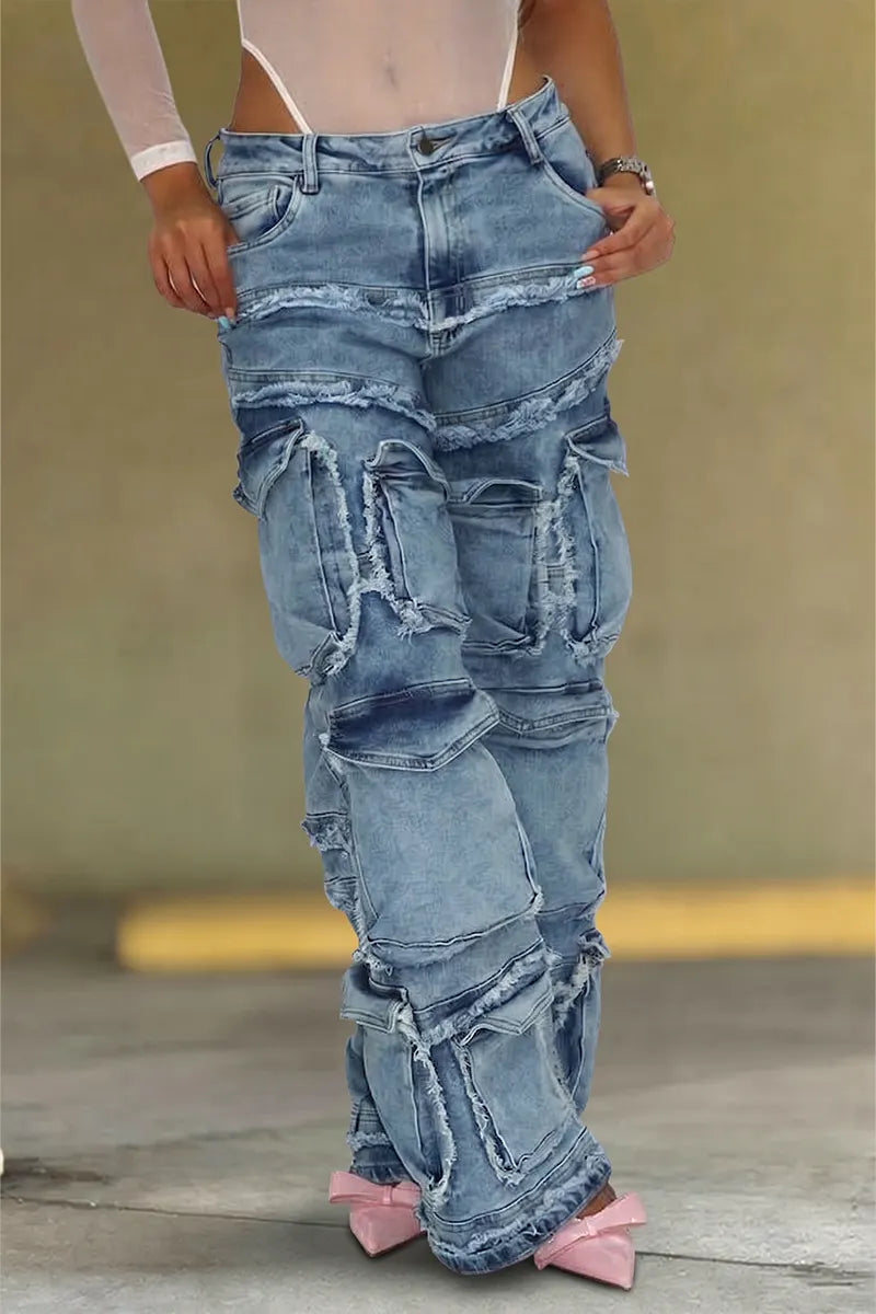 Women's Fashion Patchwork Frayed Wash Wide Leg Cargo Jeans
