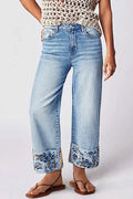 Casual Mid Rise Straight Leg Embroidered Jeans