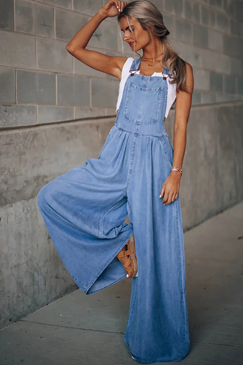 Women's Loose Fit Side Pocket Sleeveless Denim Overalls