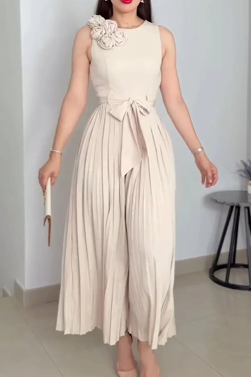 Women's Casual Flower Decoration Pleated Wide Leg Long Jumpsuit
