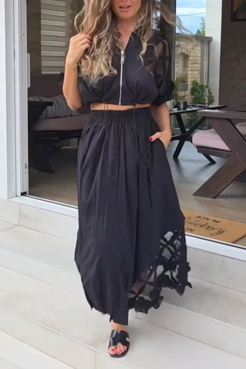 Women's Round Neck Zipper Splicing Perspective Short Jacket+ Splicing Half Skirt Elegant Casual Set