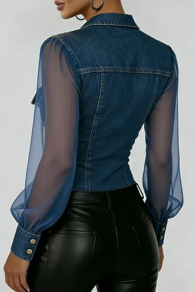 Women's Fashion Lapel Organza Panel Denim Top