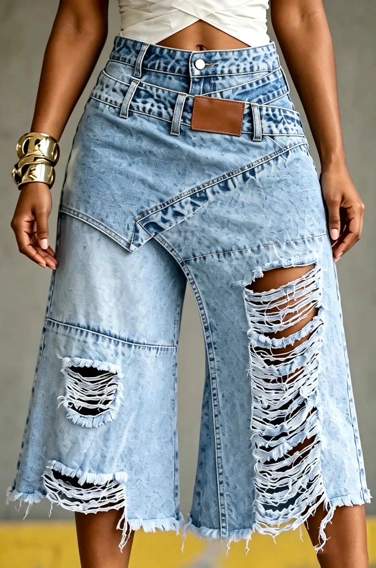 Women's Casual Overlap Faux Two-Piece Ripped Short Jeans