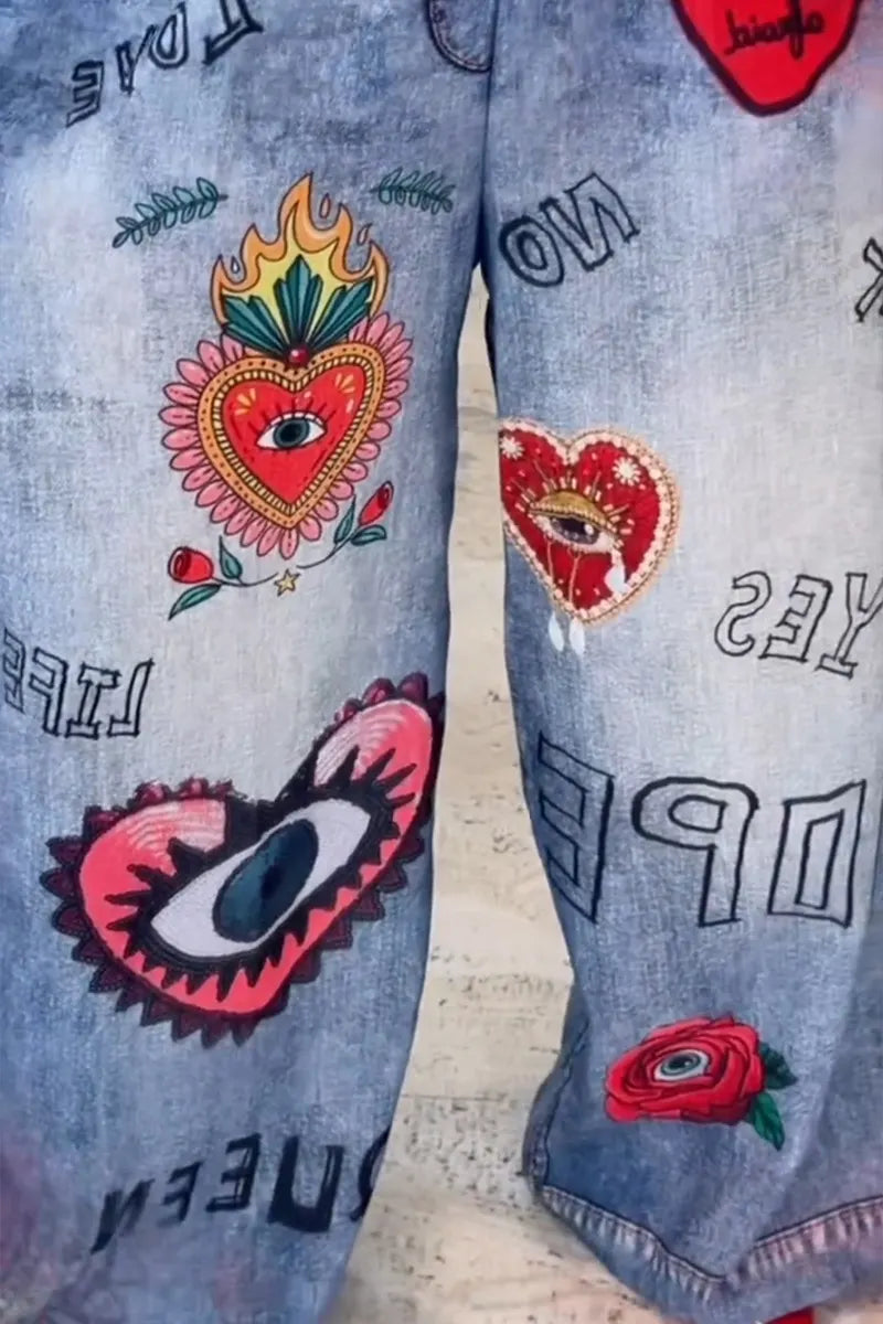 Women's Casual Faux Denim Pattern Print Wide Leg Pants