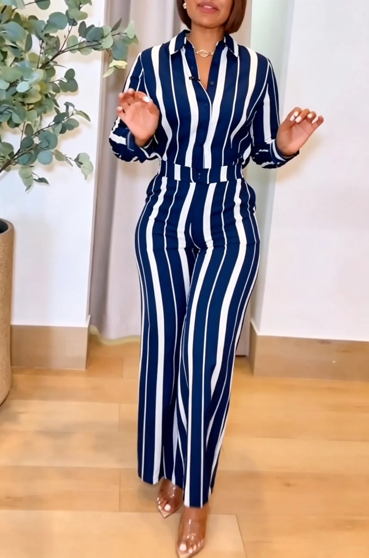Women's Casual Daily Stripe Shirt Pants Two-Piece Set