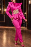 Women's Elegant 2 Piece Pantsuit Stand Collar Ruffle Peplum Blazer with Beaded Applique and Slim Fit Trousers Set for Formal Evening Party Wedding