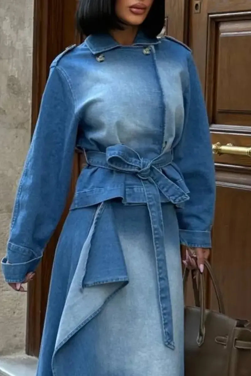 Women's Collar Washed Denim Jacket or Washed Irregular Denim Skirt