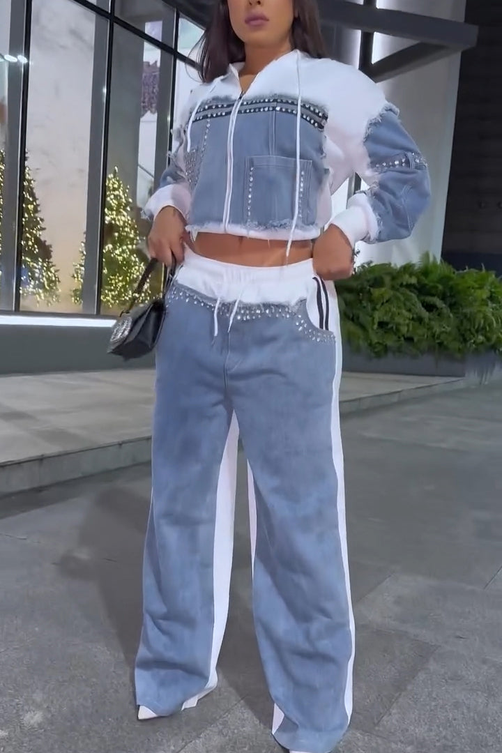 Fashion Denim Panel Hooded Jacket + Hotfix Rhinestone Jeans
