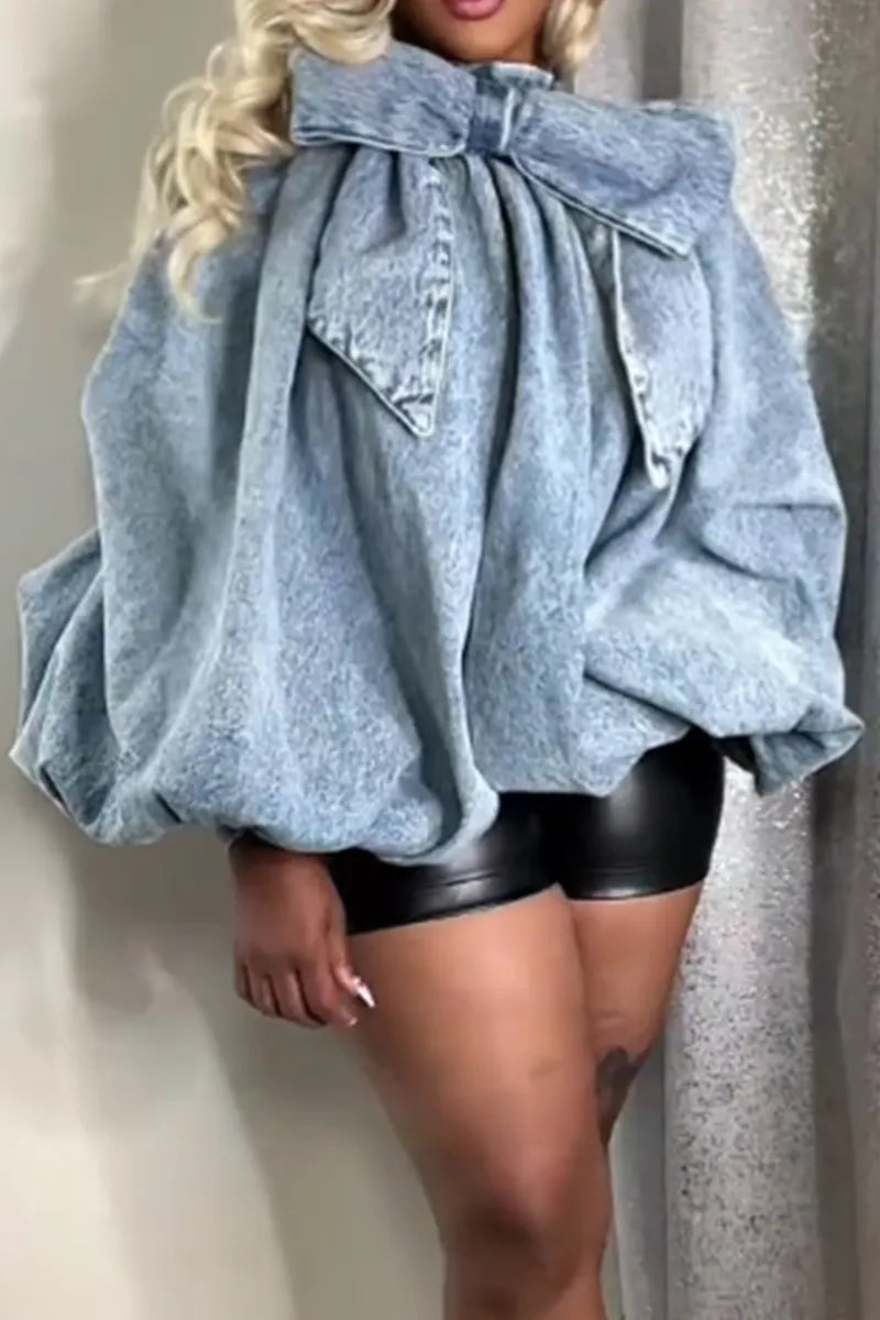 Women's Retro High Neck Bow Puff Long Sleeve Denim Top