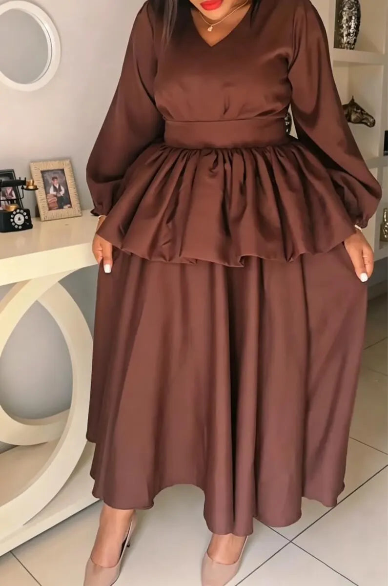Women V-neck Patchwork Solid Color Elegant Temperament Dress