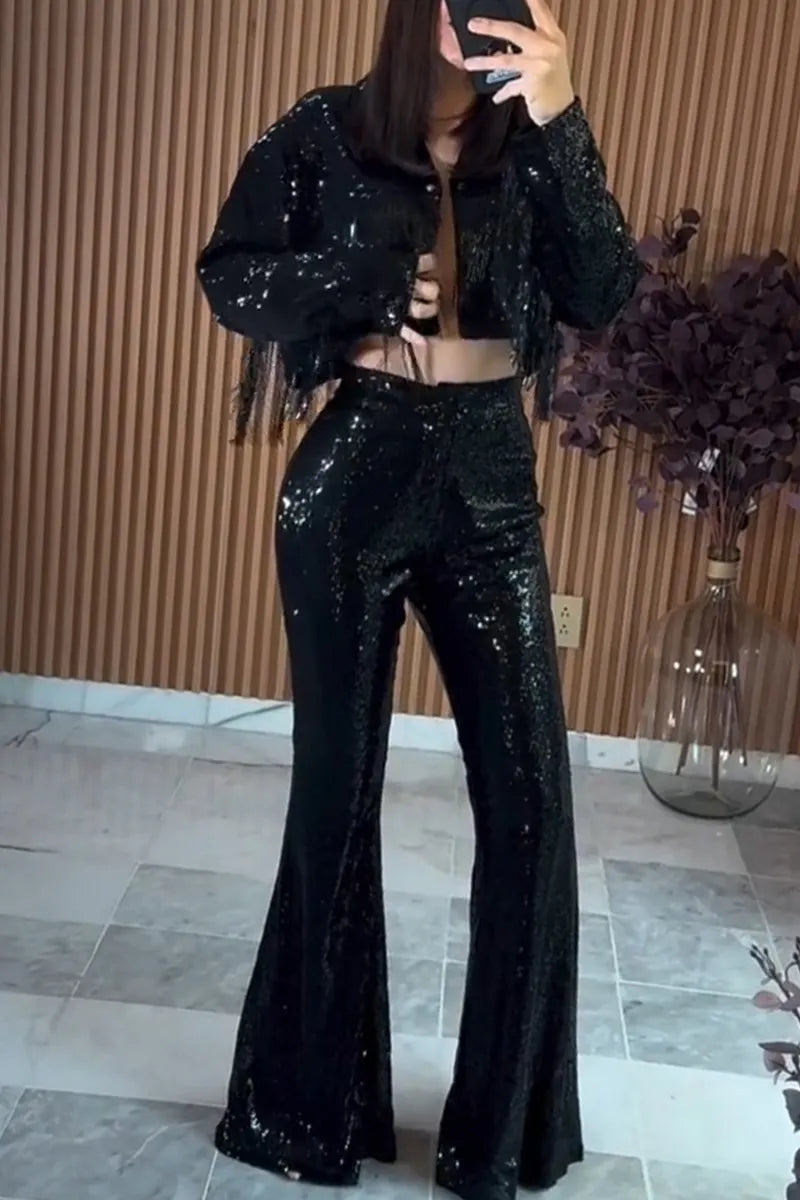 Women's Fashion Fringe Decoration Sequins Jacket or Pants