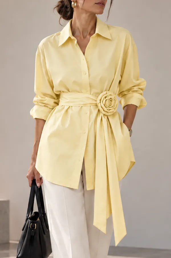 Women's Butter Yellow Button Down Shirt with 3D Rose Flower Belt Long Sleeve Lapel Blouse Tie Waist Casual Elegant Work Tops
