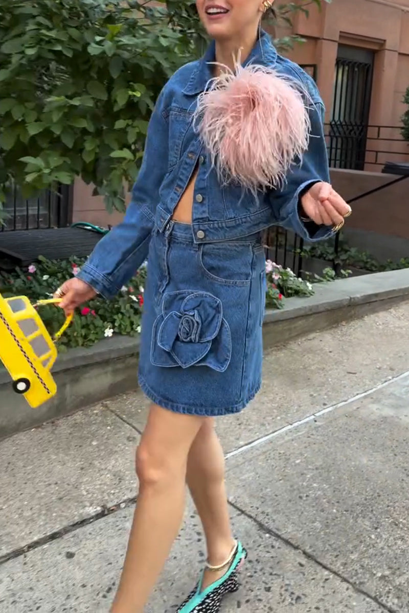 Women's Casual Plush Decoration Denim Jacket or Flower Denim Skirt