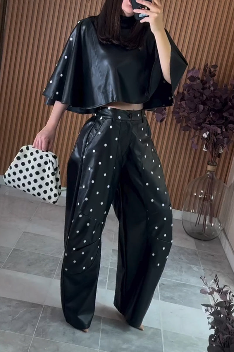 Women's Round Neck Leather Short Cape Style Top or Polka Dot Casual Leather Pants