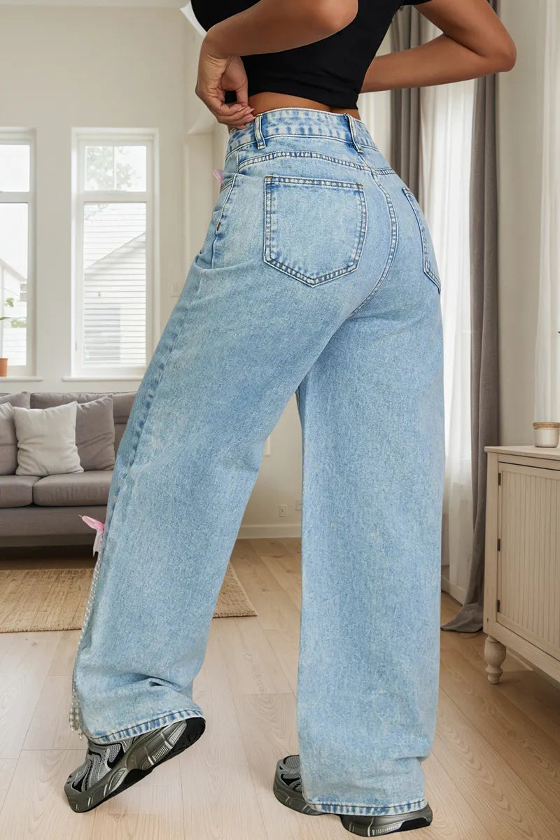 Chic Bow-Adorned Pearl Accent Distressed High-Waist Jeans