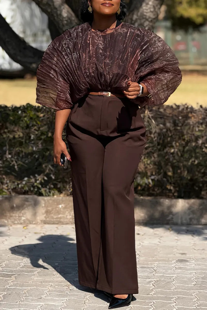 Women's Round Neck Pleated Printed Top or Casual Wide Leg Pants