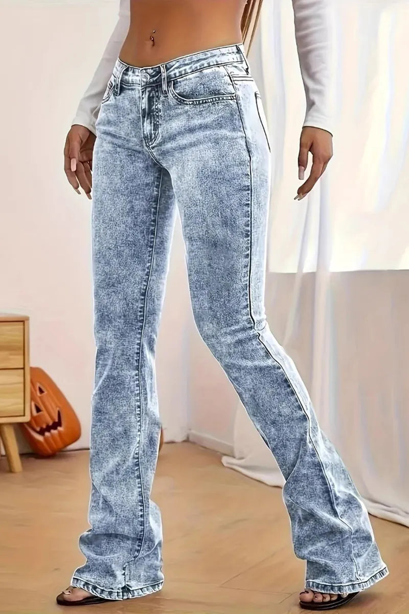 Casual Acid Wash Micro Flare Leg Jeans