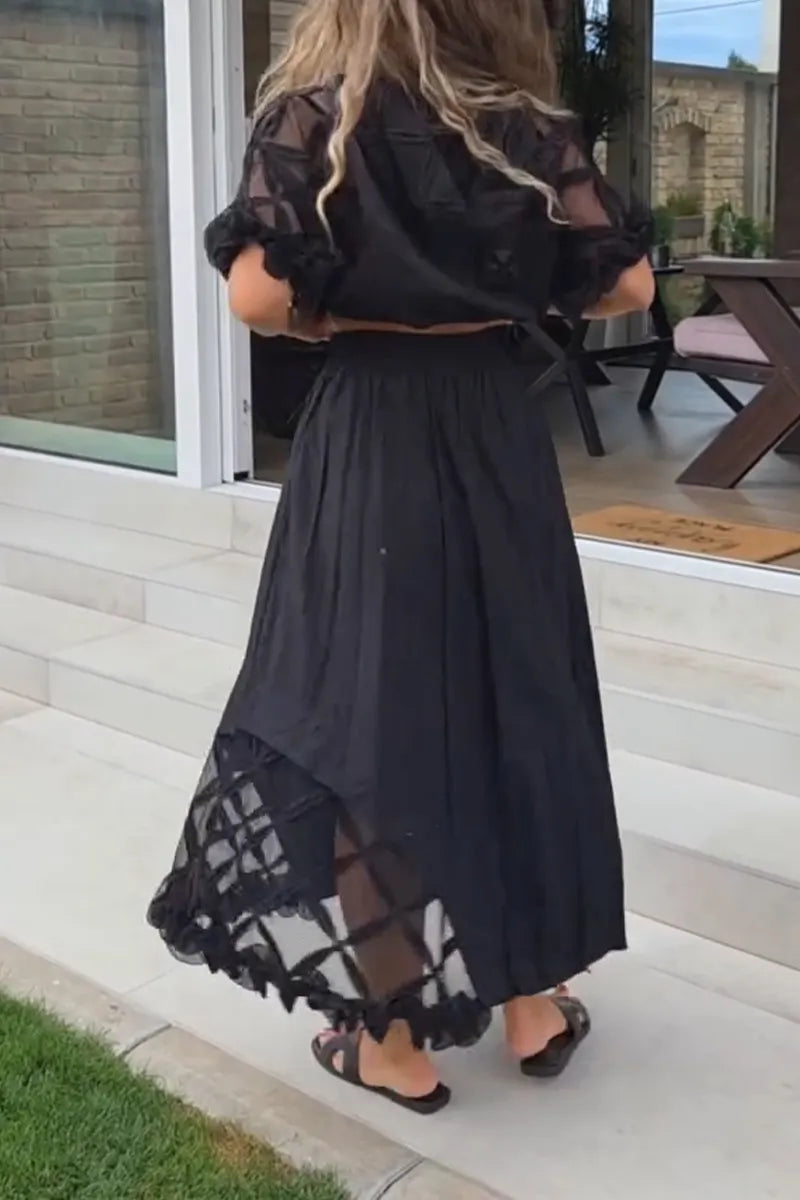 Women's Round Neck Zipper Splicing Perspective Short Jacket+ Splicing Half Skirt Elegant Casual Set