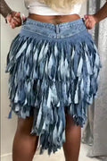Women's Street Style Short Denim Shorts With Irregular Hem And Layered Tassel Design