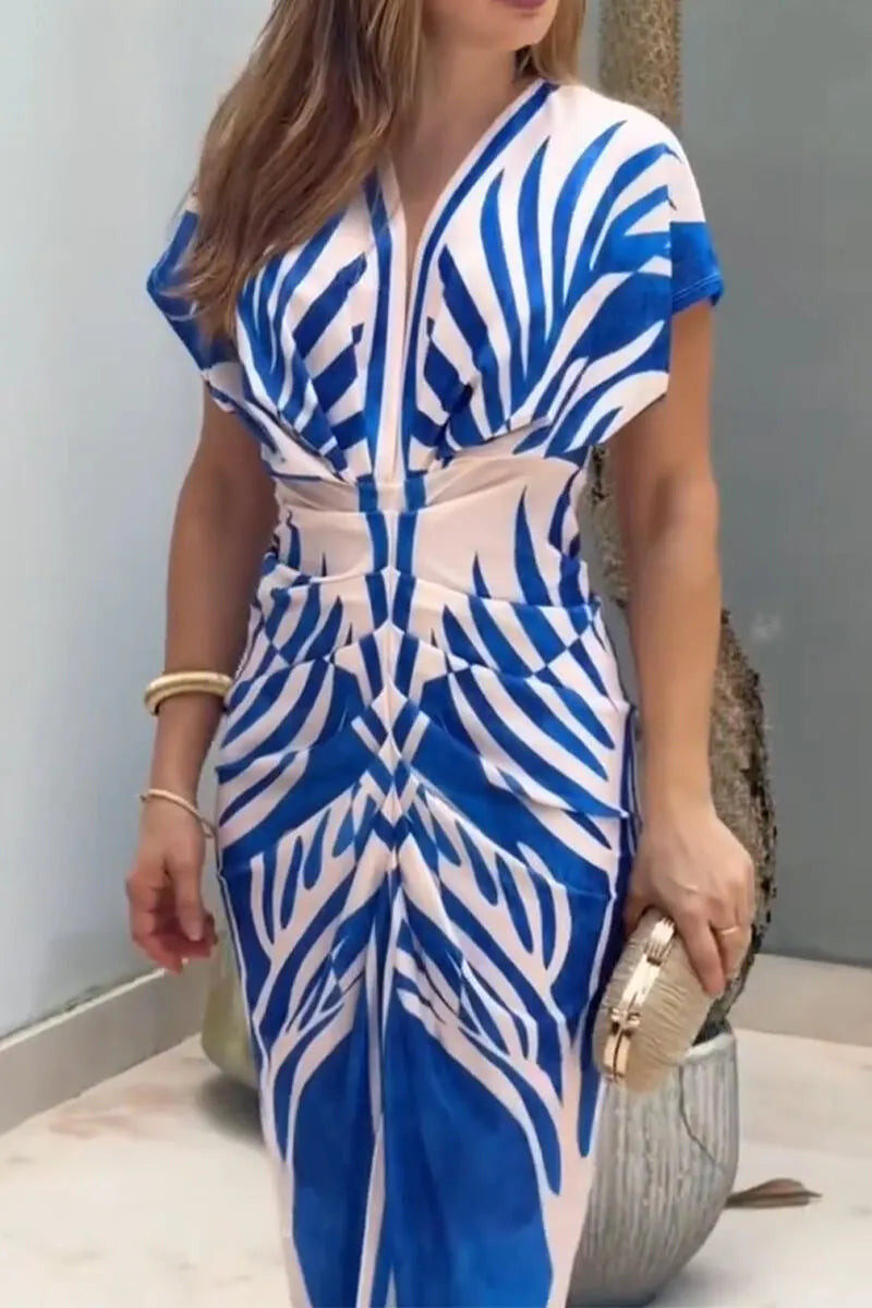 Women's V-neck Printed Waist Cinching Elegant Temperament Dress