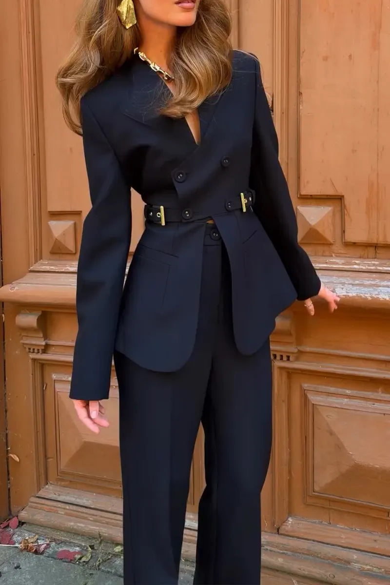 Women's Fashion V-Neck Double-Breasted Blazer or Suit Pants