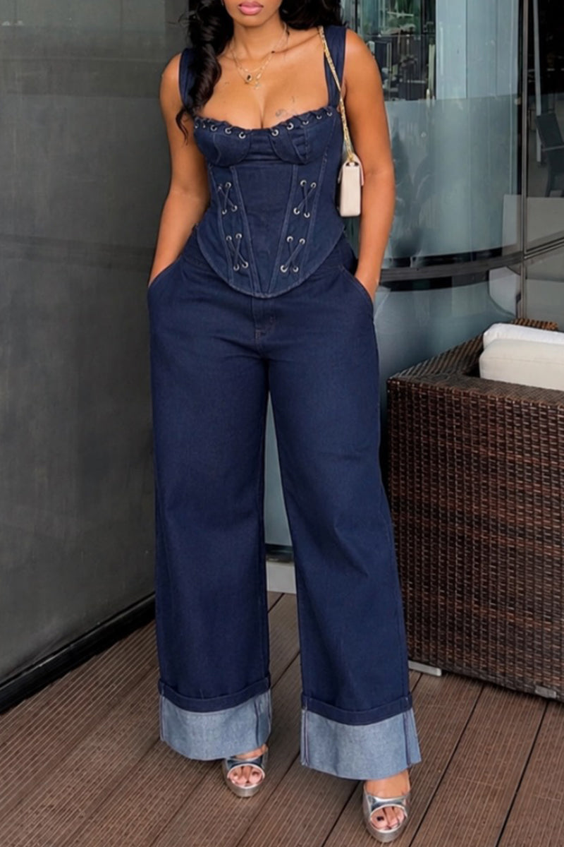 Women's Fashion Lace Up Trim Slim Fit Denim Vest or Wide Leg Jeans