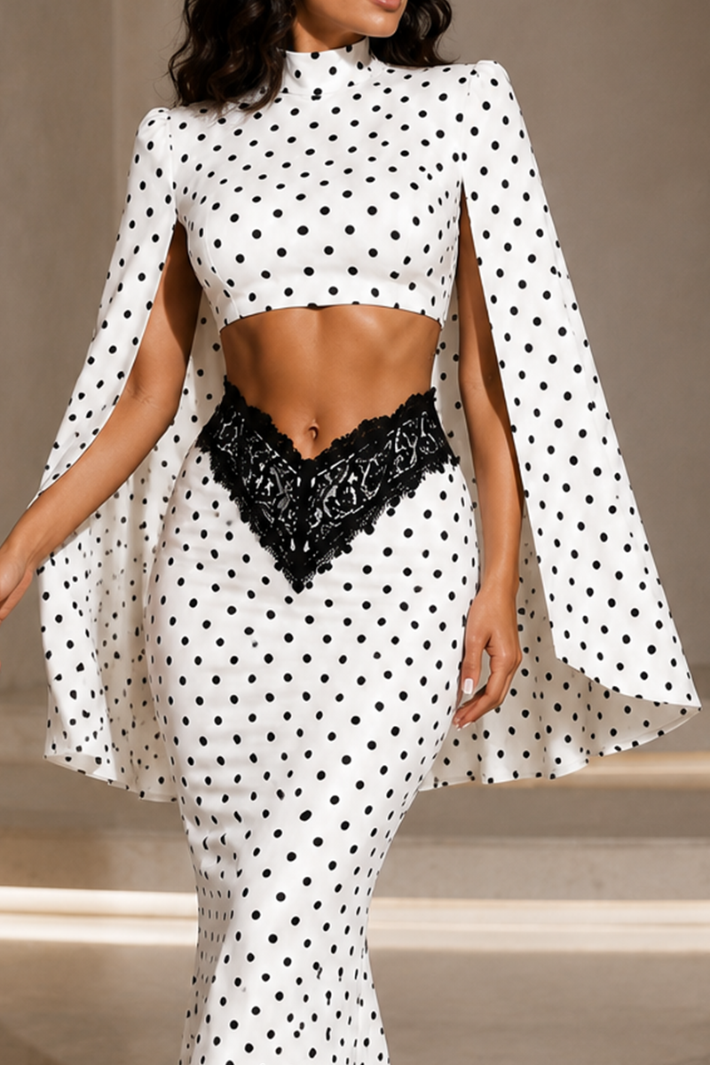 Polka Dot Cape Sleeve Crop Top & Lace Detail Mermaid Maxi Skirt Set