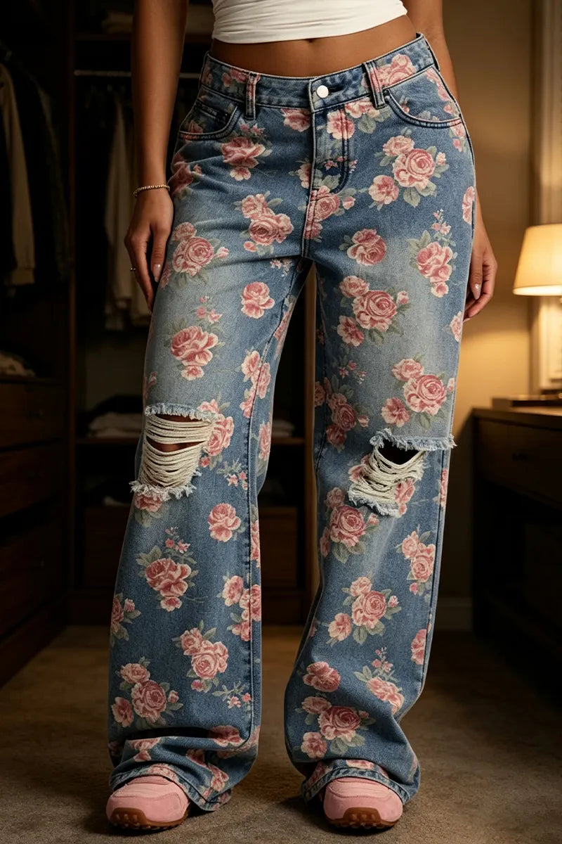 Women's Washed Water Hole Rose Print Casual Wide Leg Jeans