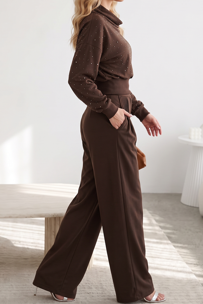 Women's 2-Piece Shimmer Outfit High Neck Long Sleeve Top and High-Waisted Flowy Palazzo Pant Set