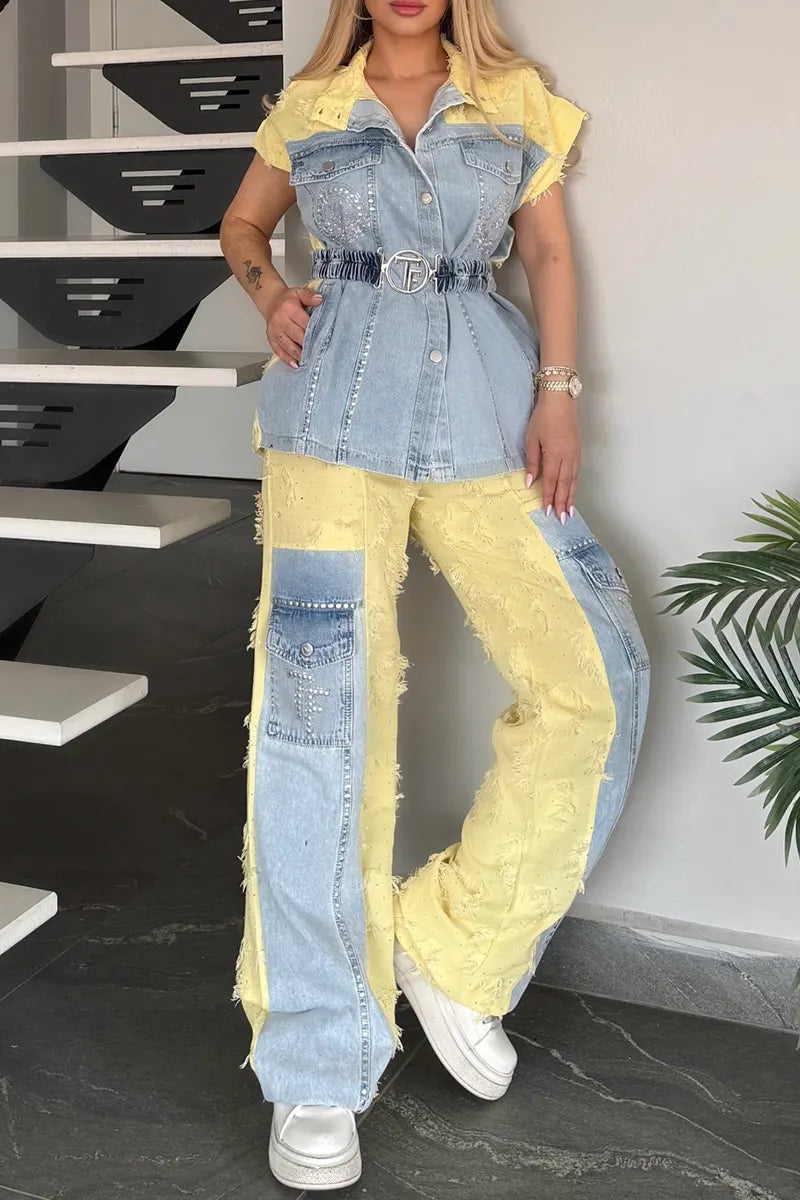 Ladies' Denim Casual Plain Color Front Knot Round Neck Top And Ripped Straight Leg Jeans